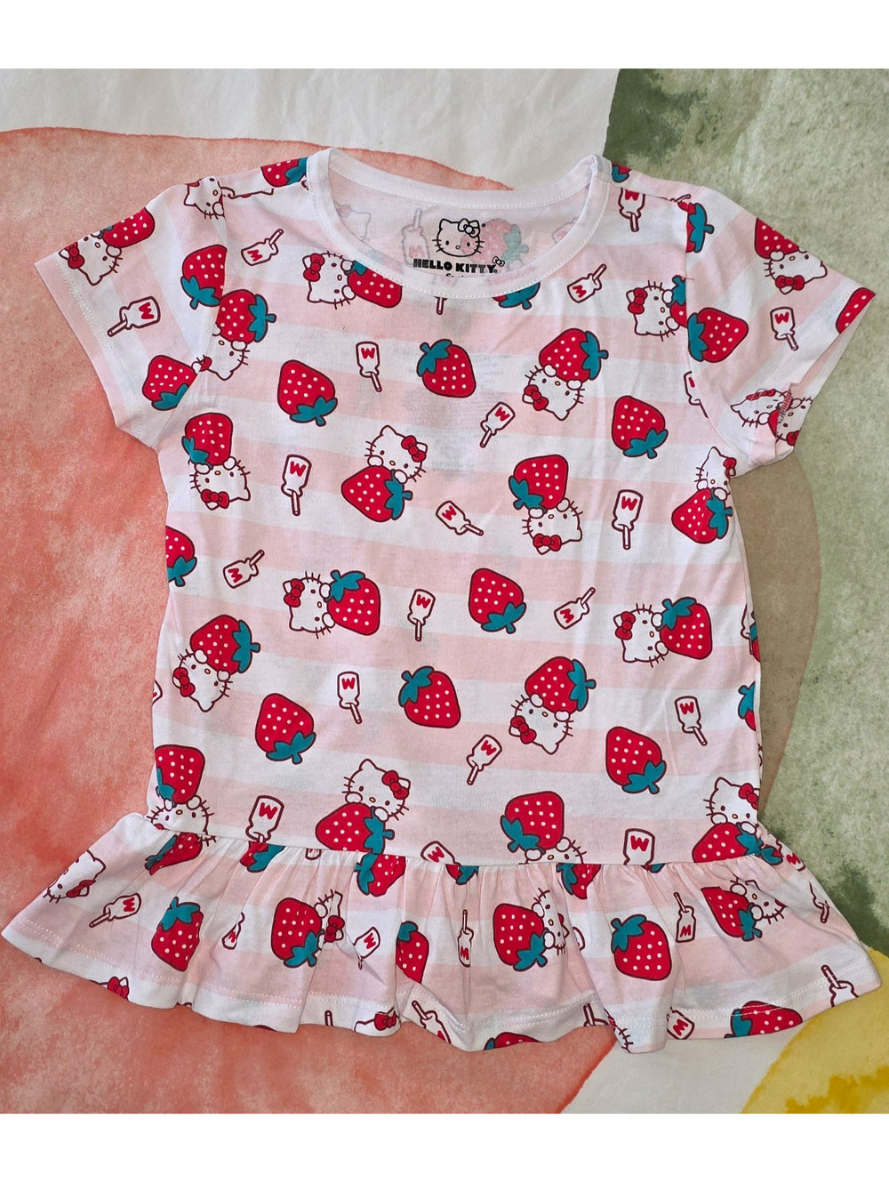 Hello Kitty Sanrio Girls White Strawberry Print Short Sleeve Gown Size 7 Ruffle